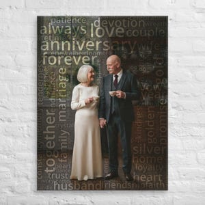 May include: A wall art print featuring a couple holding teacups, overlaid with a word cloud containing terms like anniversary, forever, love, and devotion. The person on the left wears a long cream dress, and the person on the right wears a suit.