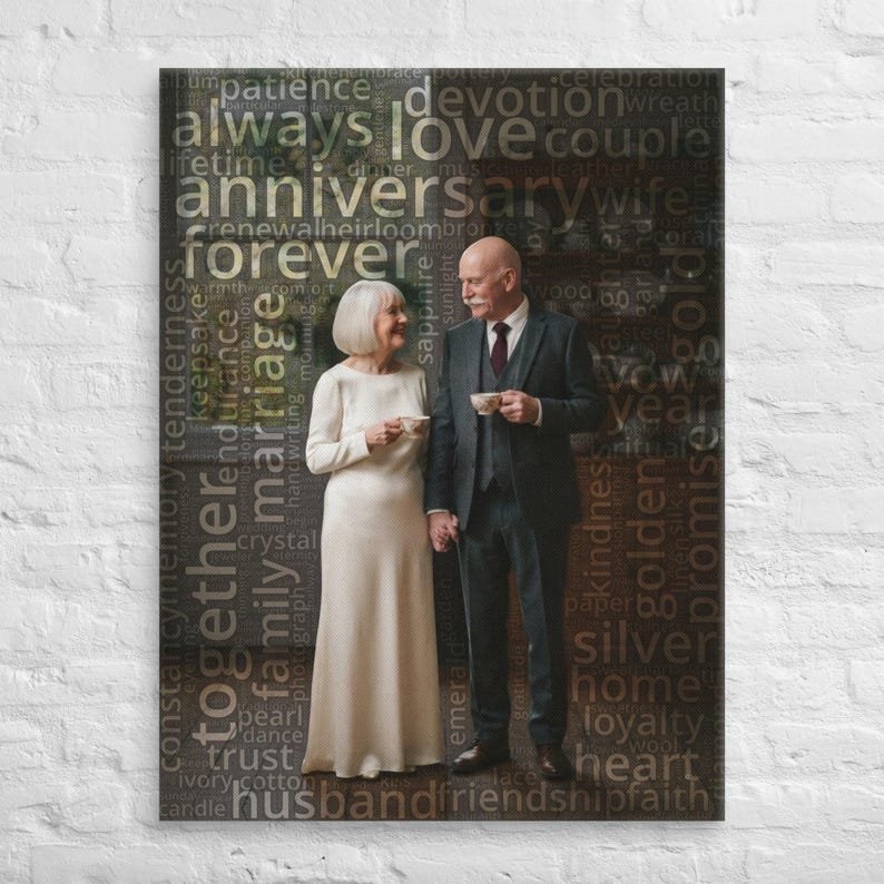 May include: A wall art print featuring a couple holding teacups, overlaid with a word cloud containing terms like anniversary, forever, love, and devotion. The person on the left wears a long cream dress, and the person on the right wears a suit.