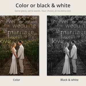 May include: Two side-by-side prints showing a couple in wedding attire standing in a vineyard. The background features overlaid text including words like wedding, love, and marriage. One print is in full colour, and the other is in black and white.