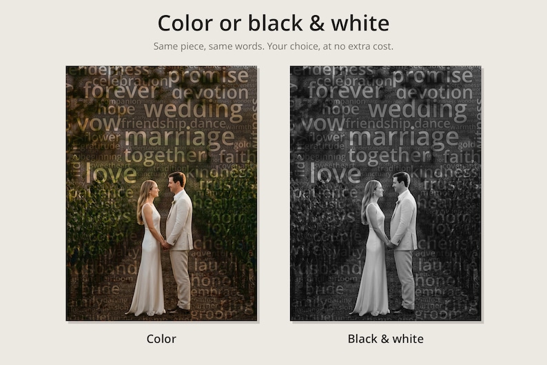 May include: Two side-by-side prints showing a couple in wedding attire standing in a vineyard. The background features overlaid text including words like wedding, love, and marriage. One print is in full colour, and the other is in black and white.