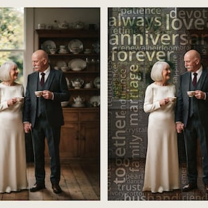 May include: An older couple standing together, the person on the left wears a long-sleeved cream-coloured floor-length dress, and the person on the right wears a dark charcoal suit with a white shirt and dark tie, both holding small white teacups.