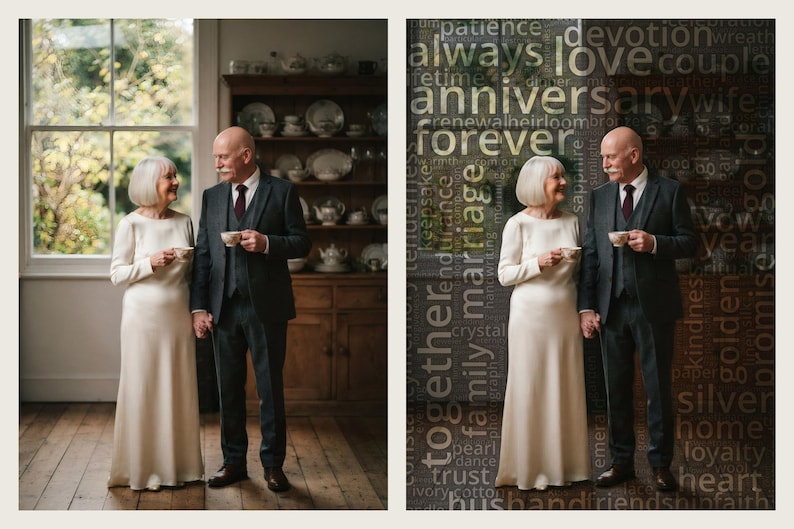 May include: An older couple standing together, the person on the left wears a long-sleeved cream-coloured floor-length dress, and the person on the right wears a dark charcoal suit with a white shirt and dark tie, both holding small white teacups.