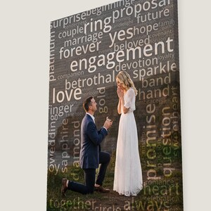 May include: A rectangular canvas print featuring a photograph of a person in a dark suit kneeling to propose to a person in a white lace dress. The image is overlaid with a word cloud containing terms like engagement, proposal, love, and promise.