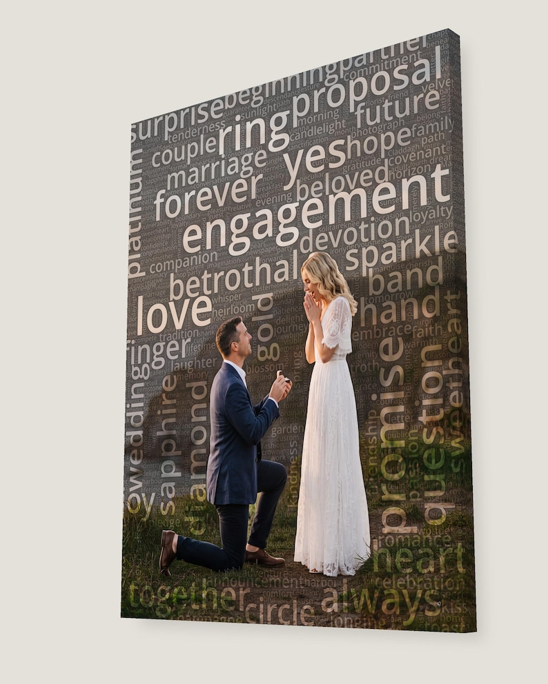 May include: A rectangular canvas print featuring a photograph of a person in a dark suit kneeling to propose to a person in a white lace dress. The image is overlaid with a word cloud containing terms like engagement, proposal, love, and promise.