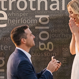 May include: A person in a navy blue suit jacket and white shirt kneels while holding an open ring box toward another person in a white dress. The background features a dark grey wall covered in various English words like betrothal and gold.
