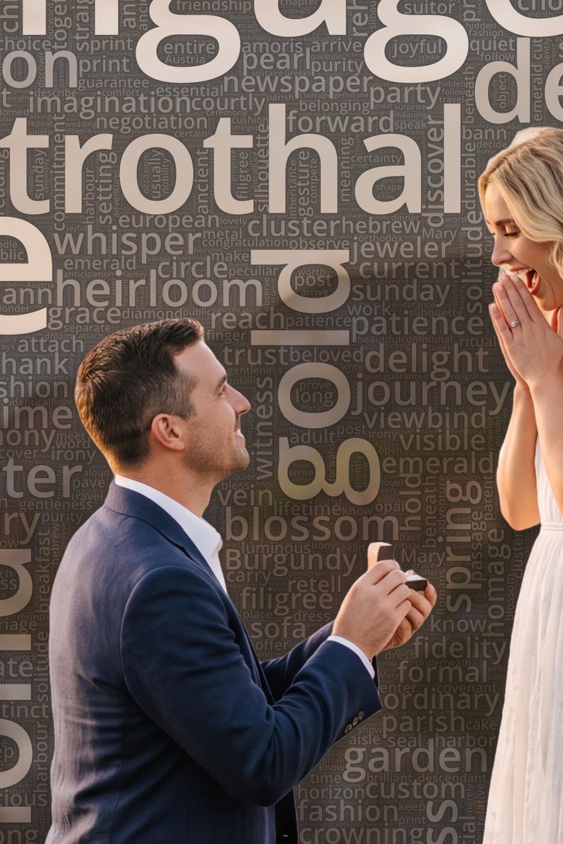 May include: A person in a navy blue suit jacket and white shirt kneels while holding an open ring box toward another person in a white dress. The background features a dark grey wall covered in various English words like betrothal and gold.
