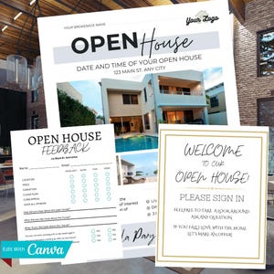 Open House Package | Open House Flyer | Social Media Posts | Open House Feedback | Open House Sign-In | Realtor Marketing | Canva