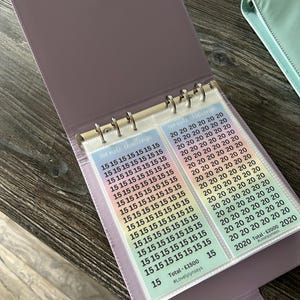 May include: A lilac-coloured binder with two inserts for a savings challenge. The inserts have a gradient background with rows of numbers. One insert has rows of 15s, and the other has rows of 20s. The text "100 note challenge" is at the top of each insert.
