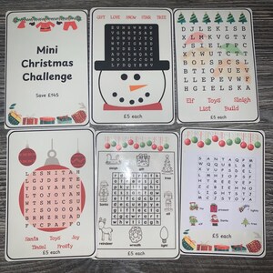 K&ouml;nnte beinhalten: Ein Set mit sechs weihnachtlichen Aktivit&auml;tskarten. Die Karten zeigen Wortsuchr&auml;tsel, einen Schneemann und den Text "Mini Christmas Challenge". Jede Karte hat einen Preis von &pound;5.