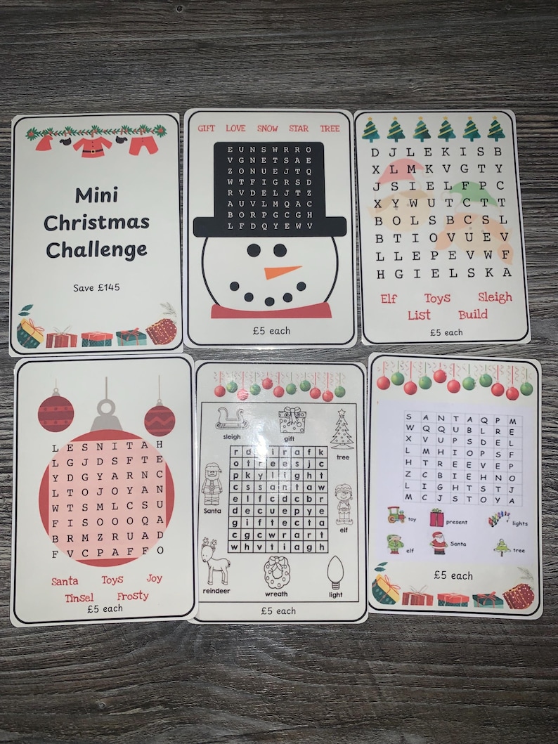 K&ouml;nnte beinhalten: Ein Set mit sechs weihnachtlichen Aktivit&auml;tskarten. Die Karten zeigen Wortsuchr&auml;tsel, einen Schneemann und den Text "Mini Christmas Challenge". Jede Karte hat einen Preis von &pound;5.