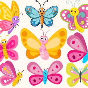 Può includere: Una collezione di nove farfalle dei cartoni animati in vari colori, tra cui giallo, rosa, blu e viola. Ogni farfalla ha una faccia sorridente e motivi alari unici, adatti ai disegni per bambini.