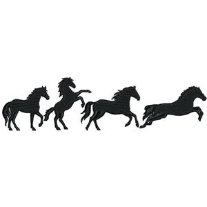 May include: Silhouette of four black horses running in a row. The horses are in different poses, with one rearing up on its hind legs.