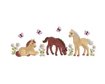 Horse Trio Embroidery Design, Farmhouse Country Embroidery Floral Horse With Butterflies Machine Embroidery Cowgirl Cowboy Instant Download