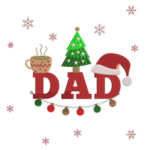 May include: A festive Christmas design with the word "DAD" in red, featuring a Christmas tree, Santa hat, and a mug of hot cocoa. The design is adorned with string lights and snowflakes, perfect for holiday gifts.
