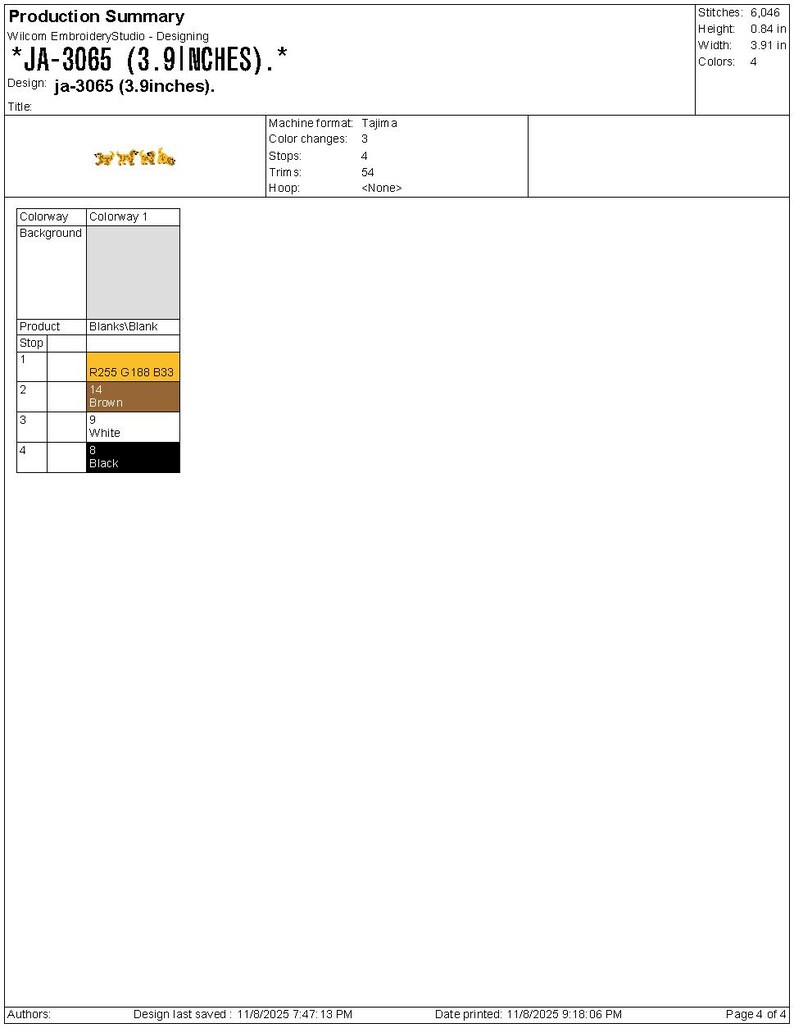May include: Document detailing embroidery design JA-3065, measuring 9.9 cm wide and 2.1 cm high. The design uses 4 colours and has 6,046 stitches. Includes colourway information and machine format details.