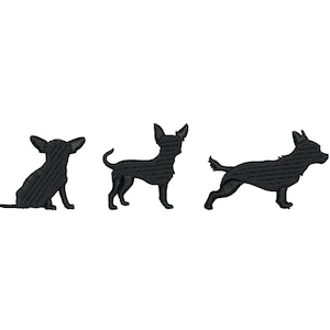 May include: Three black silhouette images of chihuahua dogs in different poses. The dogs are facing different directions.