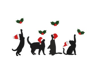 Christmas Black Cat Embroidery Design, Holiday Pet Machine Embroidery Download, Gift for Cat Lover Kittens Chasing Mistletoe Santa Hats File