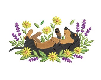 Wildflower Dachshund Embroidery Design, Lavender Daisy Floral Weiner Dog Machine Embroidery Towel Dog pes dst jef Pet Love Instant Download