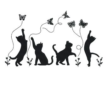 Black Cat Embroidery Design, Kitten Machine Embroidery Pattern, Chasing Butterfly Embroidery for Pet Animal Cat Lady Gift Digital Download