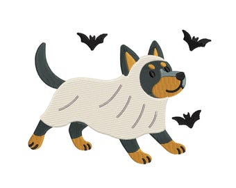 Blue Heeler Dog Embroidery Design, Halloween Puppy Machine Embroidery in Ghost Costume Chasing Bats, Spooky Season Pup Digital Download File
