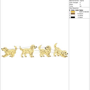May include: An embroidery design showing four golden retriever puppies in different positions. The design is 9.9 cm wide and uses brown, white, and black thread. The design is labelled "JA-3065".