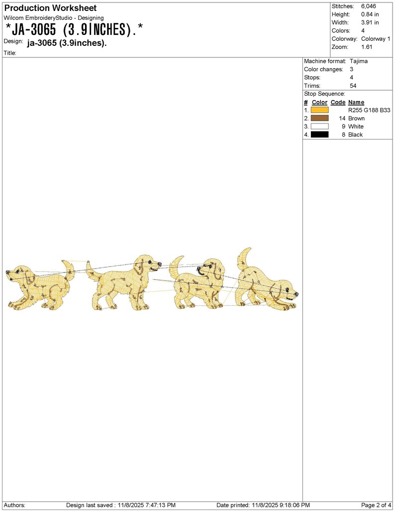 May include: An embroidery design showing four golden retriever puppies in different positions. The design is 9.9 cm wide and uses brown, white, and black thread. The design is labelled "JA-3065".