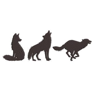 May include: Silhouette of three wolves, one howling, one sitting, and one running. The wolves are black against a white background.