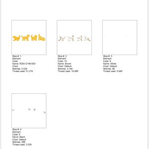 May include: Color film design labeled JA-3065, 9.9 cm wide. The design includes four yellow dog silhouettes, brown text, white dots, and black dots. The design is for embroidery.