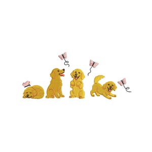 May include: Embroidered design featuring five golden retriever puppies in various playful poses. Each puppy is a different position, with three butterflies in the scene. The puppies are yellow and the butterflies are pink.