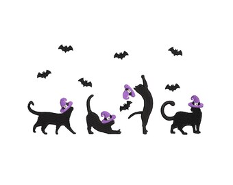 Halloween Black Cat Embroidery Design, Spooky Season Cats Chasing Bats Machine Digital Download, Trick or Treat Witchy Embroidery Cat Mom