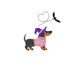 Halloween Dachshund Dog Embroidery Design, Dog Chasing Bat Sweater Mini Weiner Machine Embroidery Design Black Dackel Sausage Puppy Digital