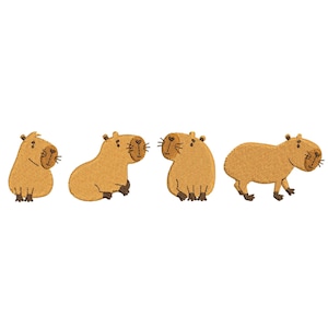Pode incluir: Quatro ilustrações de capivaras marrons em diferentes poses. As capivaras estão olhando em direções diferentes e têm pelagem marrom e olhos pretos.