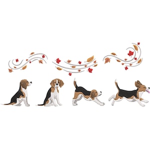 May include: Three beagle dogs in different poses, with a brown, white and black coat. The dogs are surrounded by swirling lines of brown and red leaves, suggesting autumn.