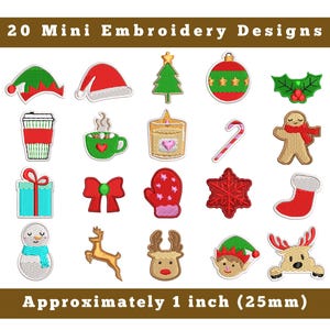 Könnte beinhalten: Zwanzig Mini-Stickmotive mit Weihnachtsmotiven, darunter ein Schneemann, ein Rentier, ein Lebkuchenmann, ein Zuckerstange und ein Weihnachtsbaum. Jedes Motiv ist etwa 1 Zoll (25 mm) groß.