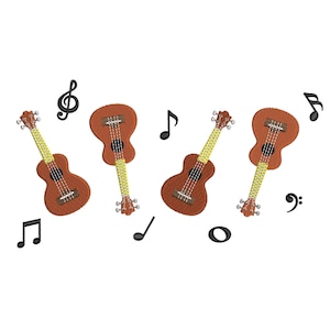 Puede incluir: Cuatro ukeleles marrones con cuerdas amarillas y notas musicales negras esparcidas a su alrededor.