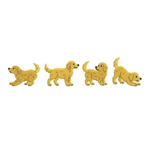 May include: Four embroidered golden retriever puppies in various poses. The dogs are yellow with black eyes and noses, and their tails are up. The puppies are on a white background.