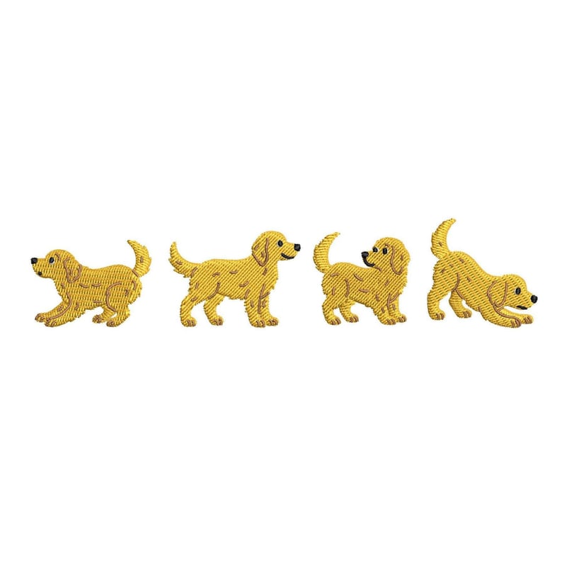 May include: Four embroidered golden retriever puppies in different poses. The dogs are yellow with black eyes and noses, and their tails are raised. The puppies are on a white background.