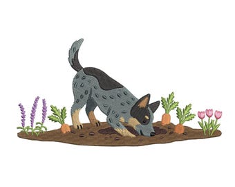 Garden Blue Heeler Embroidery Designs: Playful Cattle Puppy Machine Embroidery Dog Tulips Lavender Carrot Summer Embroidery Farmers Market