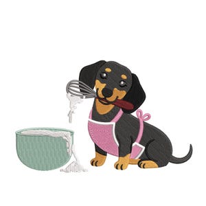 May include: An embroidered design of a dachshund dog wearing a pink apron and holding a whisk with batter. A teal bowl with batter is to the left. The dog is black, tan, and white.