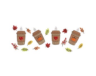Pumpkin Spice Latte Machine Embroidery Design, Cozy Coffee Embroidery File, Fall Leaves Autumn Embroidery pes dst exp hus jef sew vp3 xxx