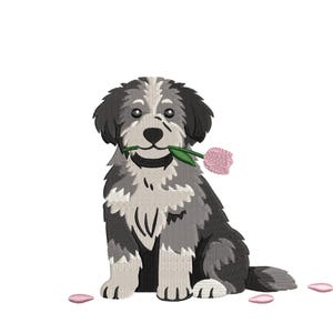 May include: An embroidered image of a seated dog with black, gray, and white fur, holding a pink flower in its mouth. Pink flower petals are scattered around the dog on a white background. The dog has a friendly expression.