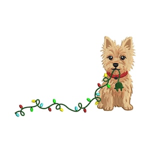 May include: Embroidered image of a tan terrier dog wearing a red collar, holding a green Christmas light plug in its mouth. A string of colorful Christmas lights extends from the dog's mouth. The dog is on a white background.