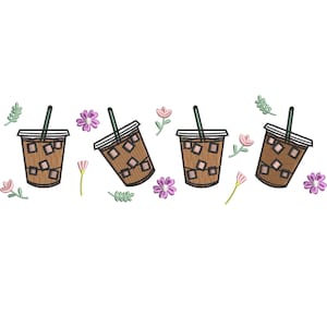 May include: Four iced coffee cups with straws and pink flowers on a white background.