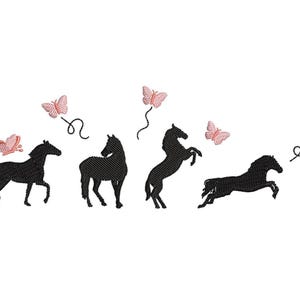 Diseño de bordado de caballo, bordado rústico de caballo corriendo persiguiendo mariposas, bordado a máquina, vaquera, vaquera, descarga instantánea