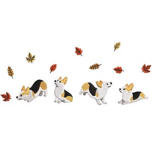 Può includere: Un disegno ricamato con quattro cani corgi in varie pose, con segni neri, bianchi e beige. I cani sono circondati da foglie autunnali che cadono in tonalità di rosso, arancione e giallo, su uno sfondo bianco.