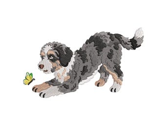 Black White Aussiedoodle Dog Embroidery Designs, Aussiepoo Chasing Monarch Butterfly Machine Embroidery Digital Download Files Dog Mom Dad