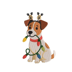 May include: An embroidered design of a dog wearing reindeer antlers and a red collar, holding a string of Christmas lights in its mouth. The dog has brown and white fur, with a smiling expression. The lights are red, yellow, and blue.