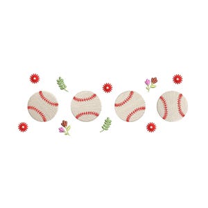 May include: Three white baseballs with red stitching are arranged in a row with small red flowers and green leaves scattered around them.