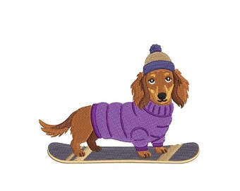 Snowboarding Dachshund Embroidery Design, Wiener Dog Winter Pattern Doxie Snowboard Machine Embroidery Digital Download Files Dog Mom Dad