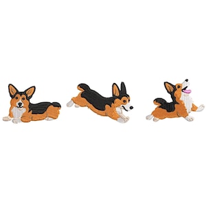 May include: Three embroidered corgi dog designs in different poses. One is lying down, another is mid-jump, and the third is jumping with its tongue out. The dogs have black, brown, and white coloring.